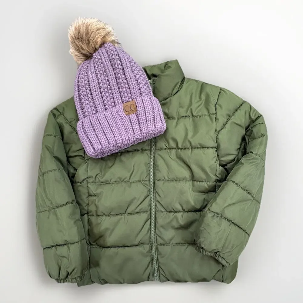 Children’s Place Green Puffer Coat SZ 5/6 Unisex + Purple CC Beanie Kids Bundle